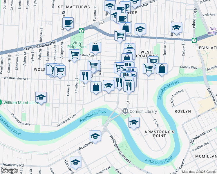map of restaurants, bars, coffee shops, grocery stores, and more near 32 Dundurn Place in Winnipeg