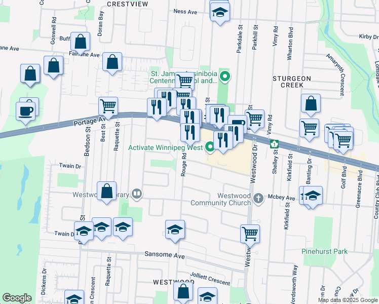 map of restaurants, bars, coffee shops, grocery stores, and more near 505 Rouge Road in Winnipeg