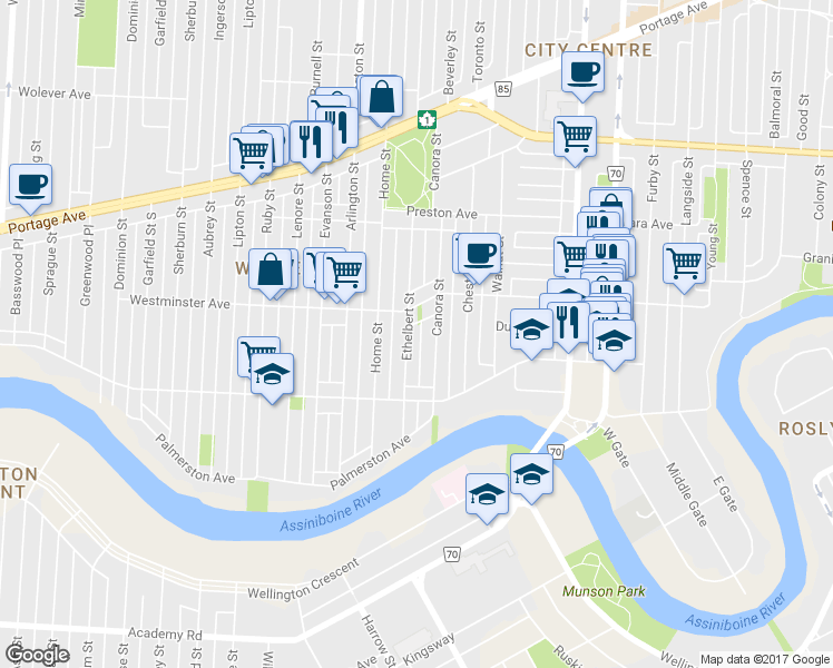 map of restaurants, bars, coffee shops, grocery stores, and more near 137 Ethelbert Street in Winnipeg