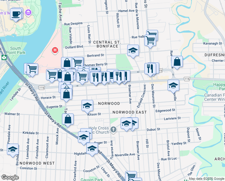 map of restaurants, bars, coffee shops, grocery stores, and more near 249 Horace Street in Winnipeg