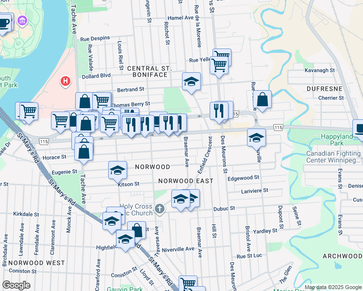 map of restaurants, bars, coffee shops, grocery stores, and more near 289 Horace Street in Winnipeg