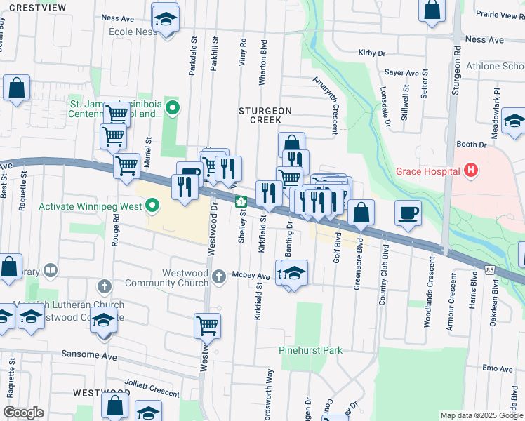 map of restaurants, bars, coffee shops, grocery stores, and more near 3216 Manitoba 1 in Winnipeg