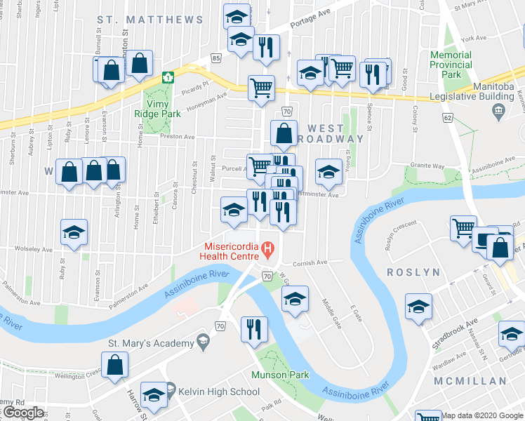 map of restaurants, bars, coffee shops, grocery stores, and more near 73 Route 70 in Winnipeg