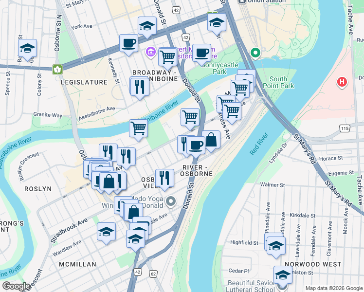 map of restaurants, bars, coffee shops, grocery stores, and more near 105 Clarke Street in Winnipeg