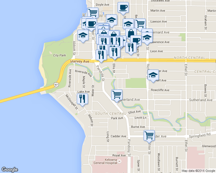 map of restaurants, bars, coffee shops, grocery stores, and more near in Kelowna