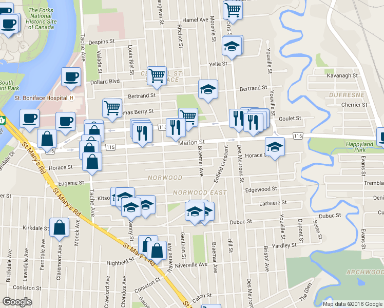 map of restaurants, bars, coffee shops, grocery stores, and more near 289 Horace Street in Winnipeg