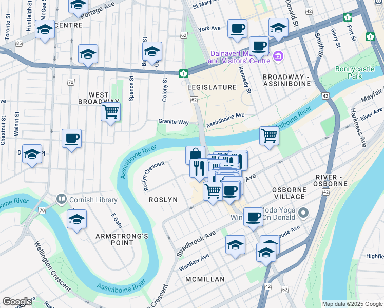 map of restaurants, bars, coffee shops, grocery stores, and more near in Winnipeg