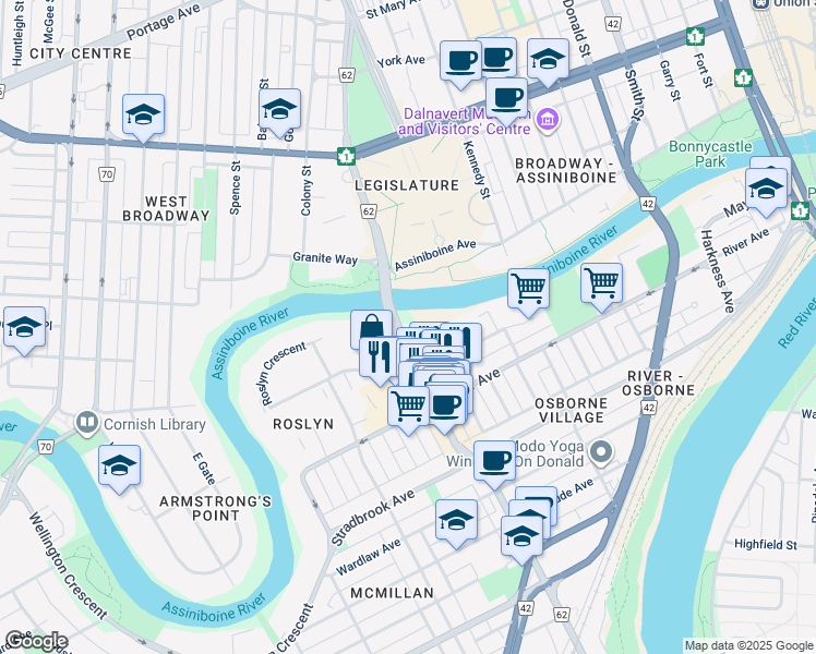 map of restaurants, bars, coffee shops, grocery stores, and more near 26 Osborne Street in Winnipeg