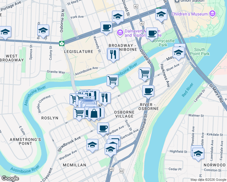 map of restaurants, bars, coffee shops, grocery stores, and more near 0 Roslyn Road in Winnipeg