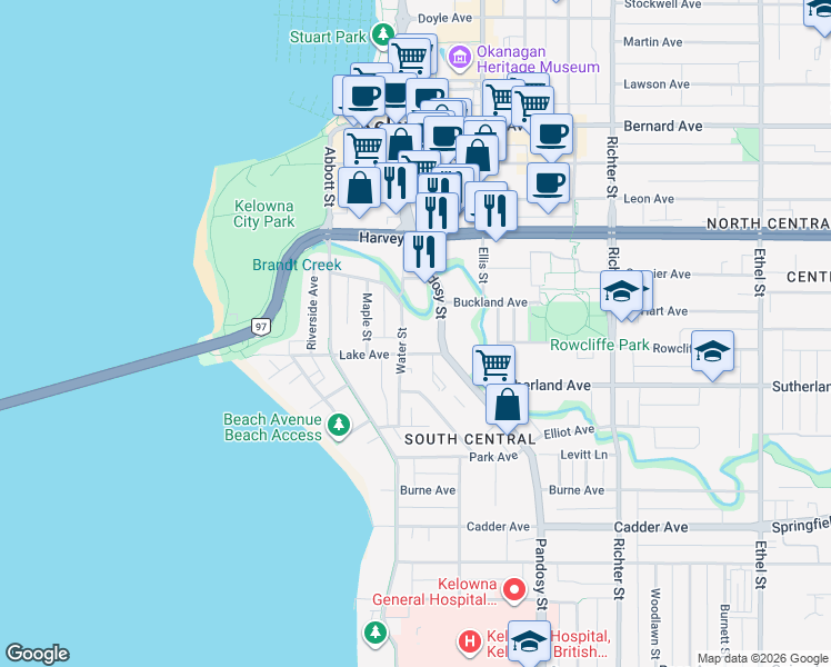map of restaurants, bars, coffee shops, grocery stores, and more near 1883 Water Street in Kelowna