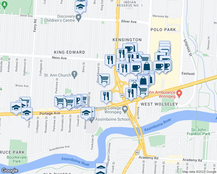map of restaurants, bars, coffee shops, grocery stores, and more near 241 Queen Street in Winnipeg