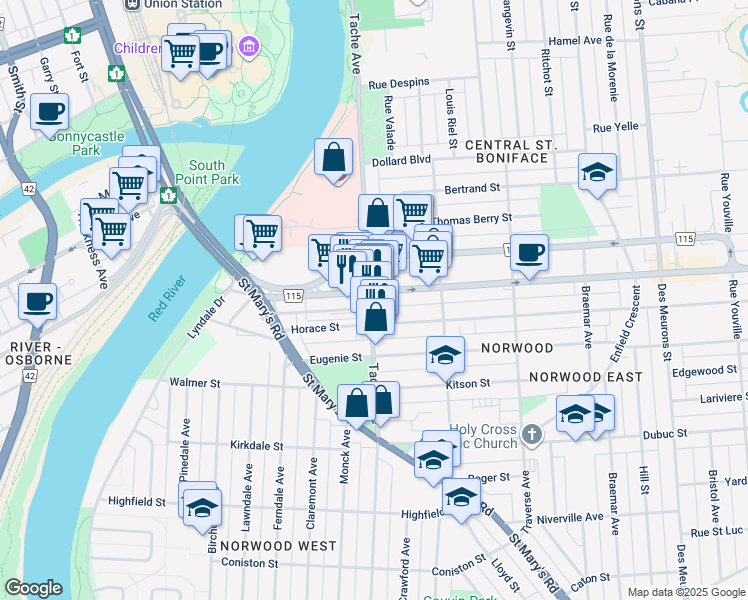 map of restaurants, bars, coffee shops, grocery stores, and more near 287 Tache Avenue in Winnipeg