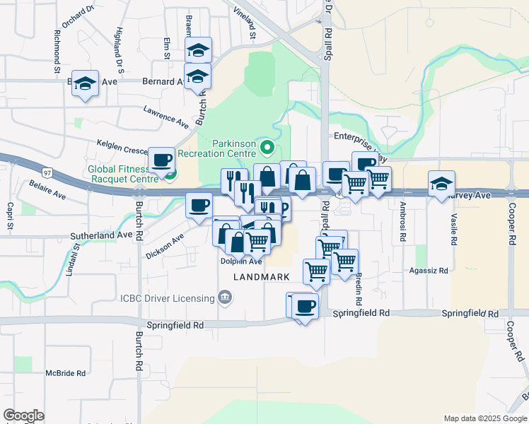 map of restaurants, bars, coffee shops, grocery stores, and more near 1820 Kirschner Road in Kelowna