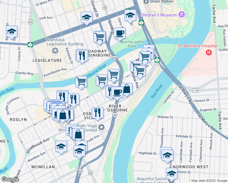 map of restaurants, bars, coffee shops, grocery stores, and more near 255 Bell Avenue in Winnipeg