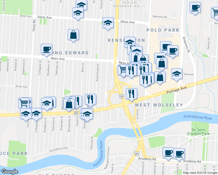 map of restaurants, bars, coffee shops, grocery stores, and more near 241 Queen Street in Winnipeg
