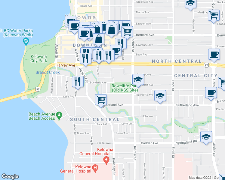 map of restaurants, bars, coffee shops, grocery stores, and more near 550 Rowcliffe Avenue in Kelowna