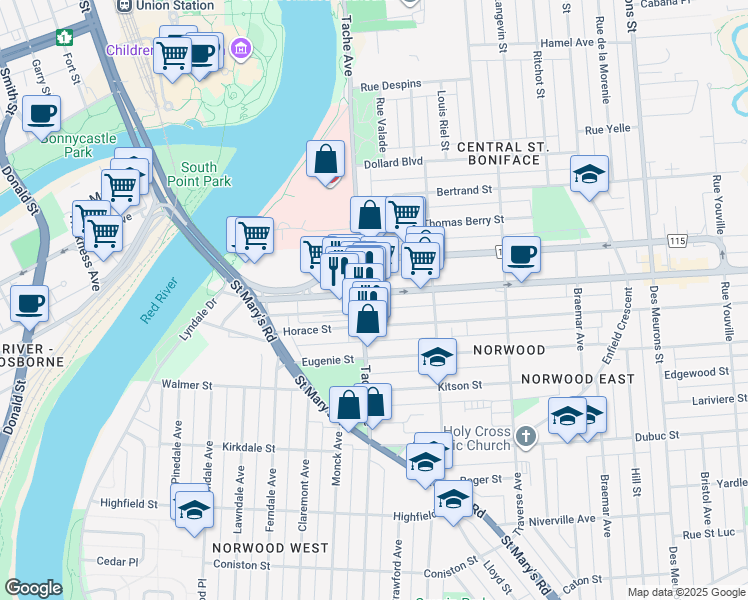 map of restaurants, bars, coffee shops, grocery stores, and more near 287 Tache Avenue in Winnipeg