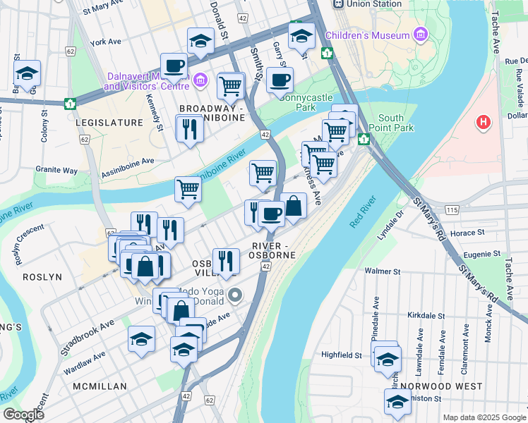 map of restaurants, bars, coffee shops, grocery stores, and more near 255 Bell Avenue in Winnipeg