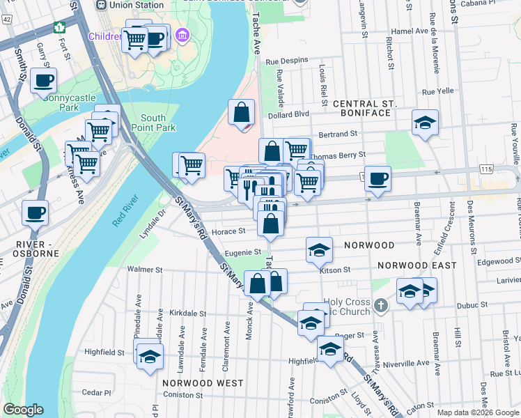 map of restaurants, bars, coffee shops, grocery stores, and more near 118 Marion Street in Winnipeg