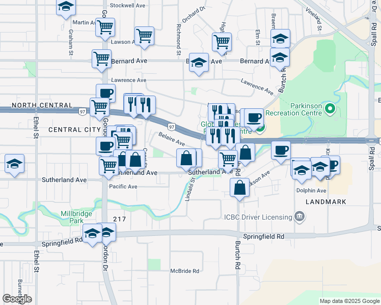 map of restaurants, bars, coffee shops, grocery stores, and more near 1329 Pridham Avenue in Kelowna