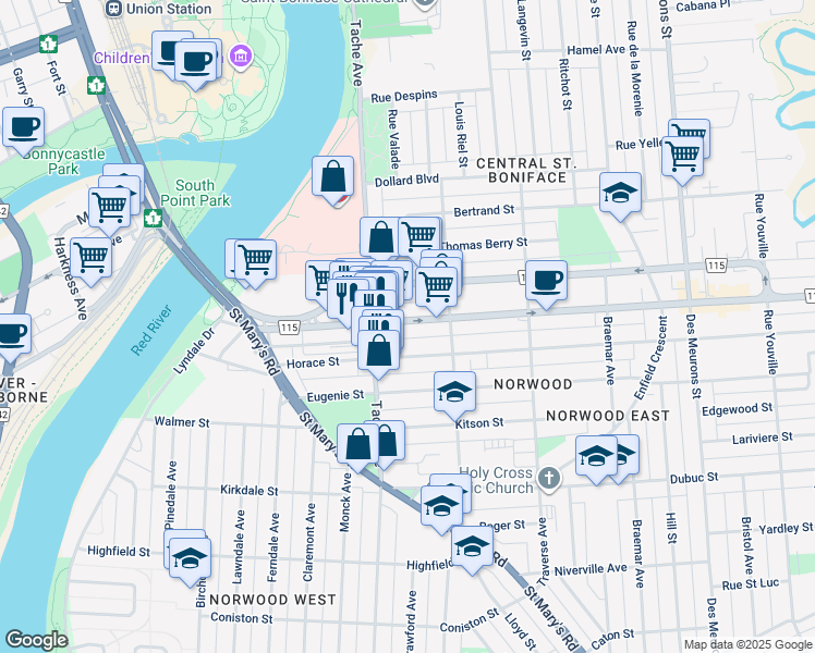 map of restaurants, bars, coffee shops, grocery stores, and more near 149 Horace Street in Winnipeg