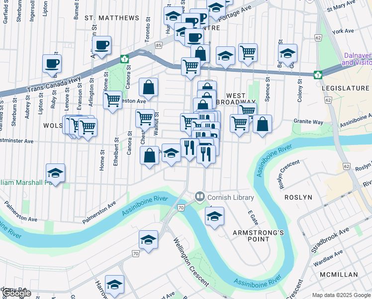 map of restaurants, bars, coffee shops, grocery stores, and more near 73 Route 70 in Winnipeg