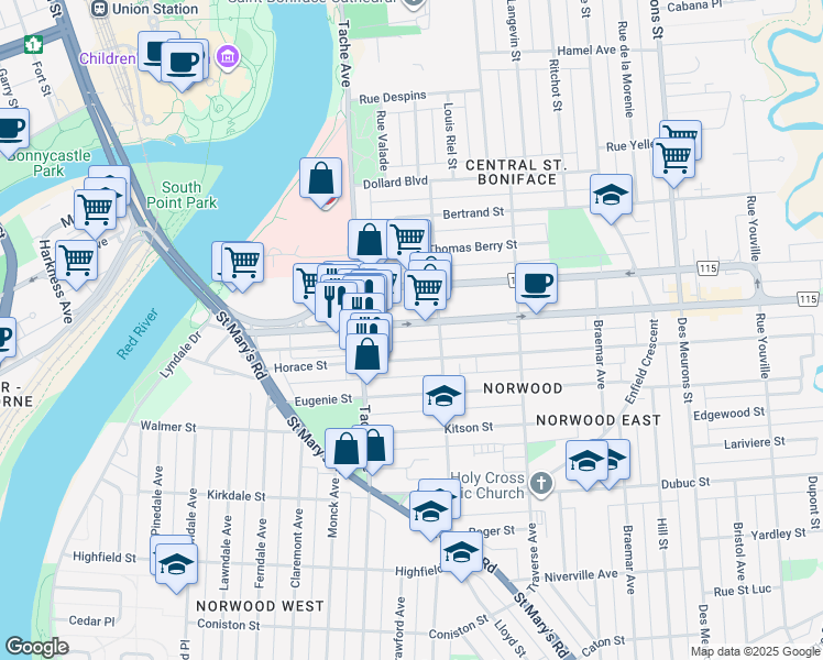 map of restaurants, bars, coffee shops, grocery stores, and more near 160 Marion Street in Winnipeg