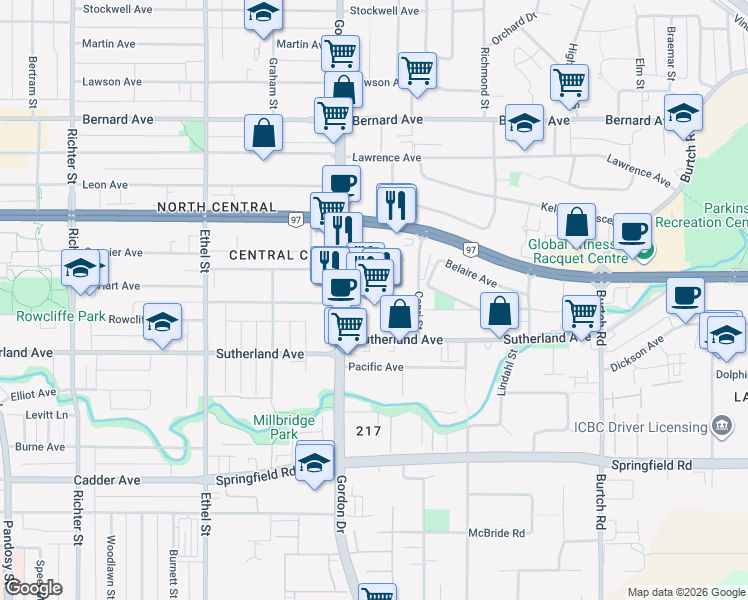 map of restaurants, bars, coffee shops, grocery stores, and more near 1835 Gordon Drive in Kelowna
