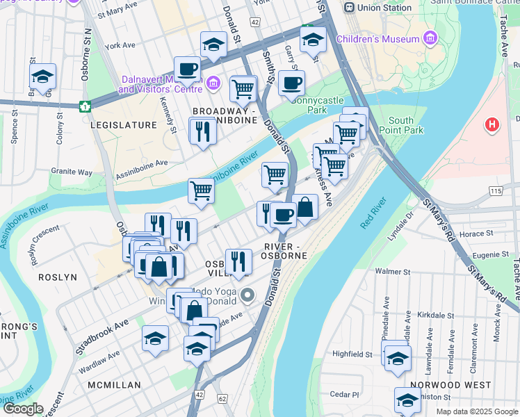 map of restaurants, bars, coffee shops, grocery stores, and more near 6 Donald Street in Winnipeg