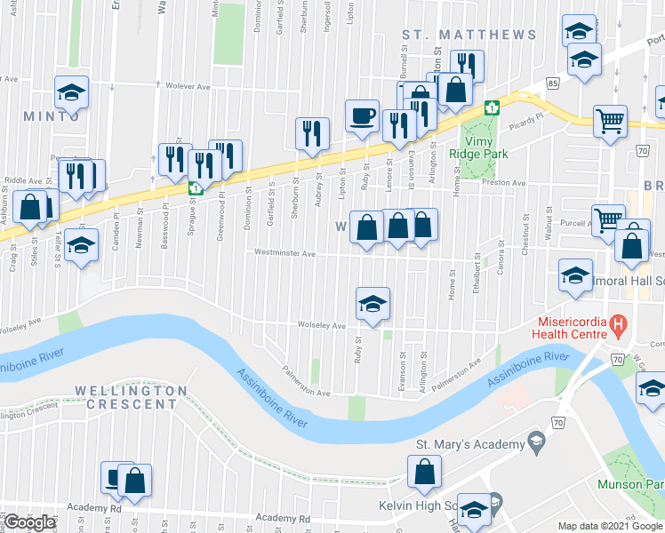 map of restaurants, bars, coffee shops, grocery stores, and more near in Winnipeg