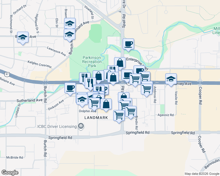 map of restaurants, bars, coffee shops, grocery stores, and more near 1785 Harvey Avenue in Kelowna
