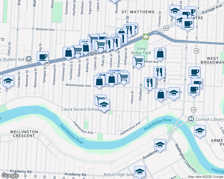 map of restaurants, bars, coffee shops, grocery stores, and more near 129 Lenore Street in Winnipeg