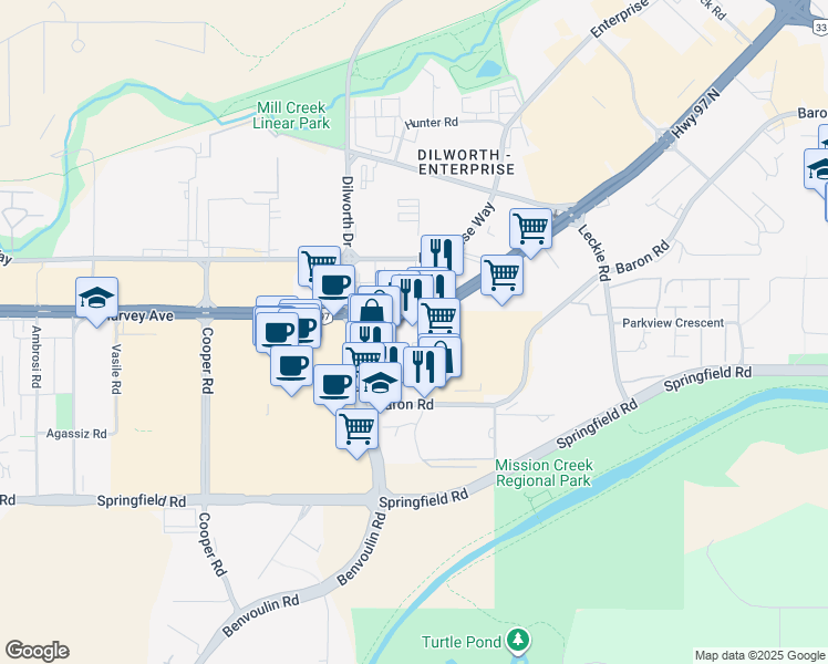 map of restaurants, bars, coffee shops, grocery stores, and more near 1836 Underhill Street in Kelowna