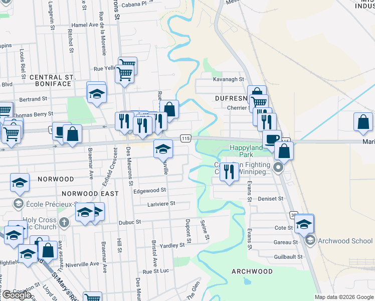 map of restaurants, bars, coffee shops, grocery stores, and more near 451 Horace Street in Winnipeg