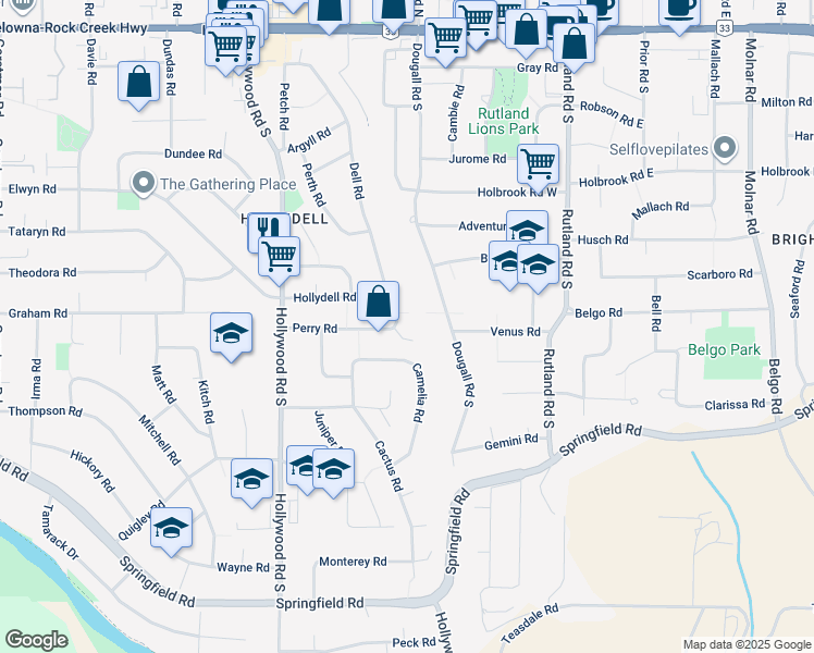 map of restaurants, bars, coffee shops, grocery stores, and more near 665 Dell Road in Kelowna
