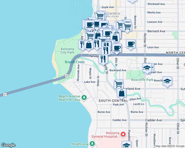 map of restaurants, bars, coffee shops, grocery stores, and more near 1857 Maple Street in Kelowna