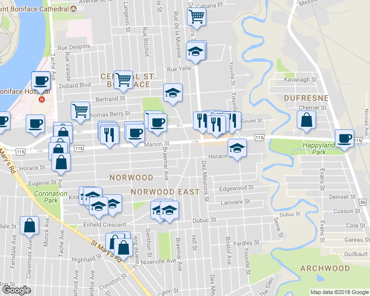 map of restaurants, bars, coffee shops, grocery stores, and more near 317 Horace Street in Winnipeg