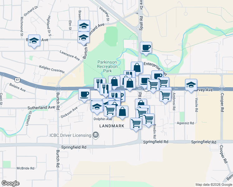 map of restaurants, bars, coffee shops, grocery stores, and more near 1785 Harvey Avenue in Kelowna