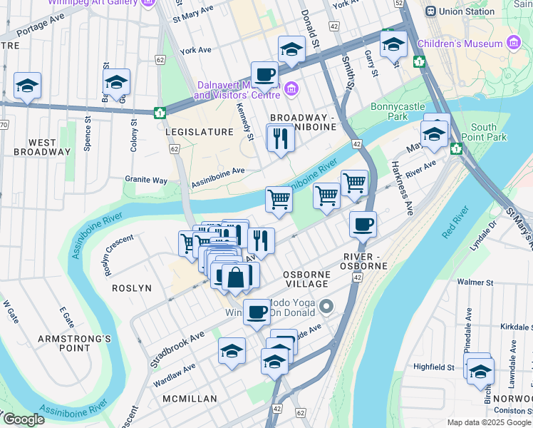 map of restaurants, bars, coffee shops, grocery stores, and more near 105 Roslyn Road in Winnipeg