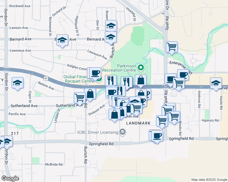 map of restaurants, bars, coffee shops, grocery stores, and more near 1628 Dickson Avenue in Kelowna
