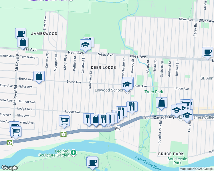 map of restaurants, bars, coffee shops, grocery stores, and more near 311 Mandeville Street in Winnipeg