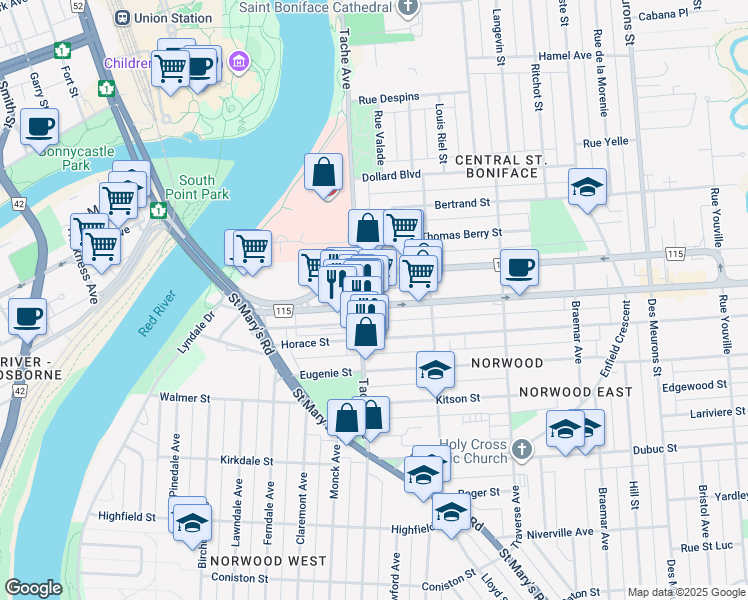map of restaurants, bars, coffee shops, grocery stores, and more near 287 Tache Avenue in Winnipeg