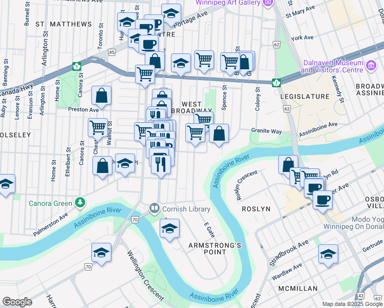 map of restaurants, bars, coffee shops, grocery stores, and more near 640 Westminster Avenue in Winnipeg