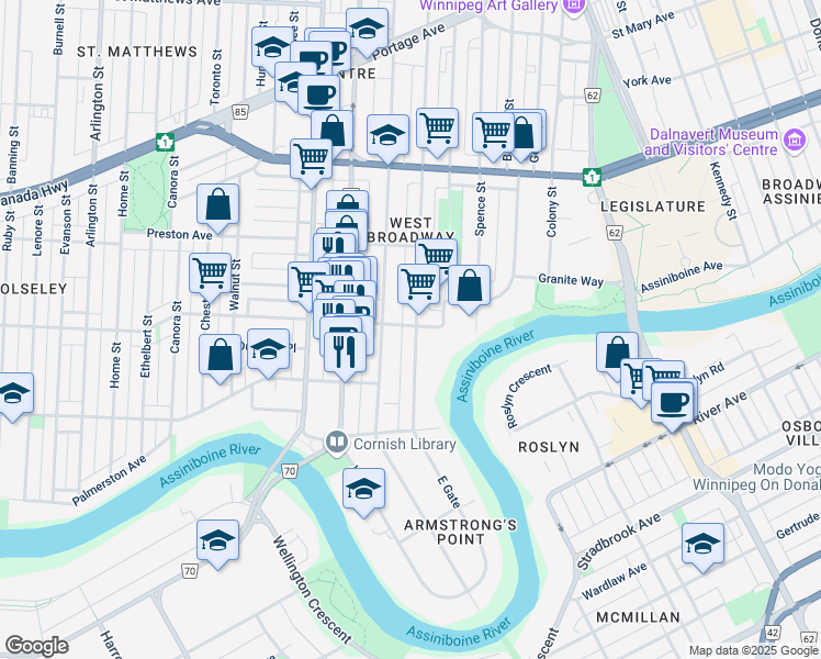 map of restaurants, bars, coffee shops, grocery stores, and more near 630 Westminster Avenue in Winnipeg