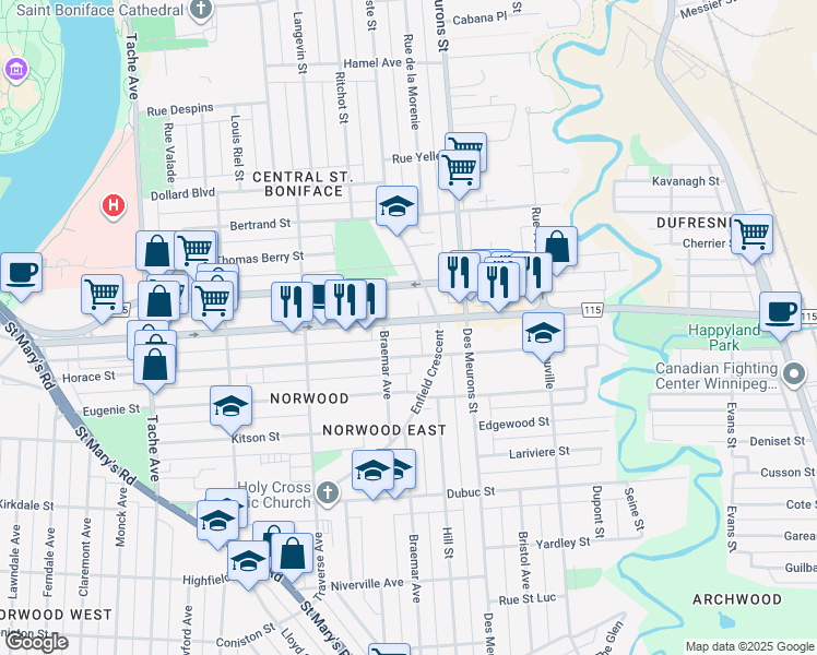 map of restaurants, bars, coffee shops, grocery stores, and more near 312 Marion Street in Winnipeg