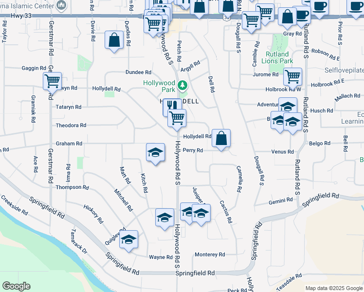 map of restaurants, bars, coffee shops, grocery stores, and more near 625 Hollywood Road South in Kelowna