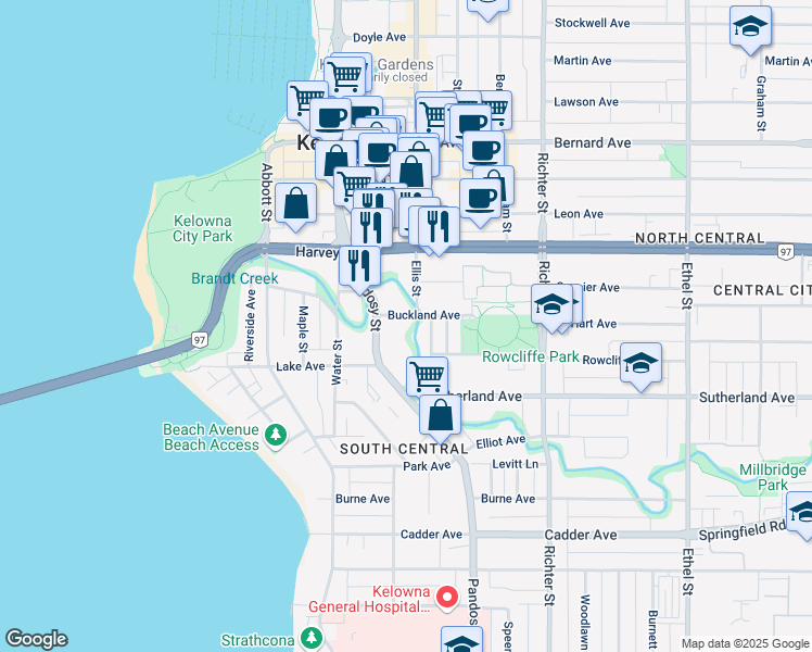 map of restaurants, bars, coffee shops, grocery stores, and more near 445 Buckland Avenue in Kelowna