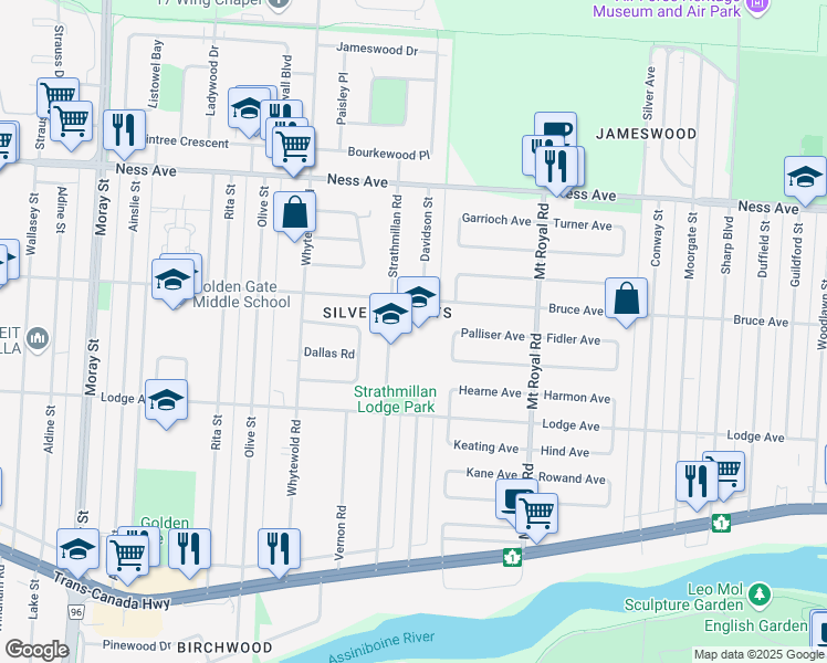 map of restaurants, bars, coffee shops, grocery stores, and more near 339 Strathmillan Road in Winnipeg
