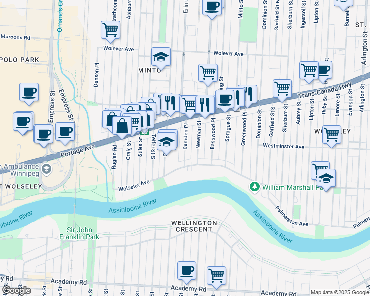 map of restaurants, bars, coffee shops, grocery stores, and more near Camden Place in Winnipeg