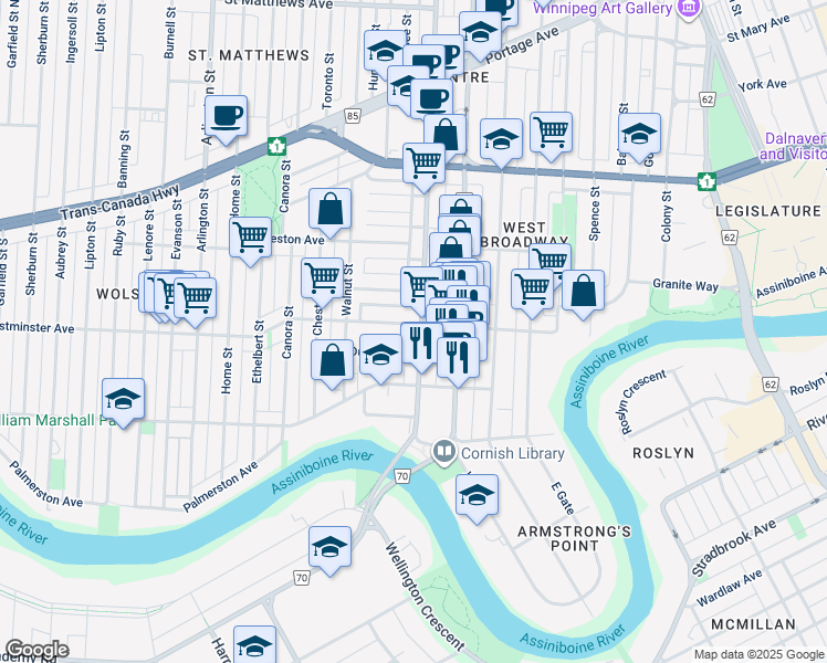 map of restaurants, bars, coffee shops, grocery stores, and more near 73 Route 70 in Winnipeg